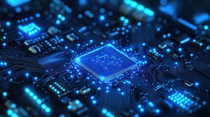 Fototapete - Closeup view of electronic circuit board. Modern tech design. Complex circuit patterns. Bright blue light highlights components. Advanced tech displayed. High tech image. Modern tech concept.