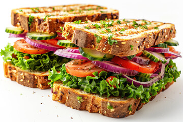 Wall Mural - Sandwich traditional bread tomato cheese and ham fried on white background isolate.