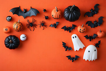 Wall Mural - Halloween holiday card with party decorations of pumpkins, bats, spiders, ghosts on orange background top view. Happy halloween greeting poster in flat lay style.