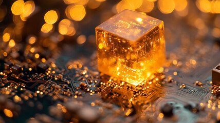 Poster - Glowing amber cube on circuit board with shimmering lights at close range
