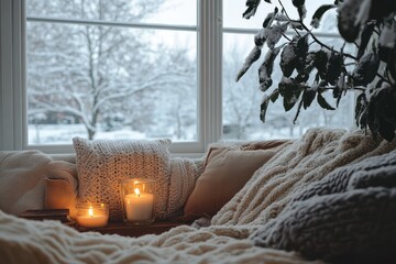 Poster - Cozy Winter Window Scene With Candles And Blankets