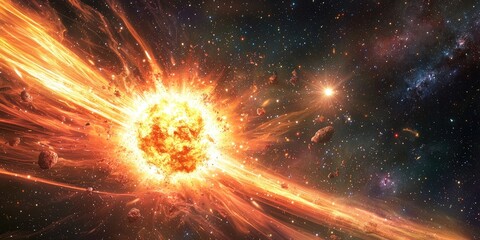 Poster - A celestial event in a distant galaxy, with supernovae exploding, new stars forming, and cosmic waves rippling through space