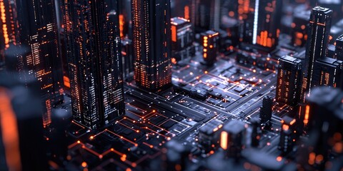 Poster - A futuristic cityscape with digital connections and data flow symbols, showing the influence of digital transformation on urban infrastructure.
