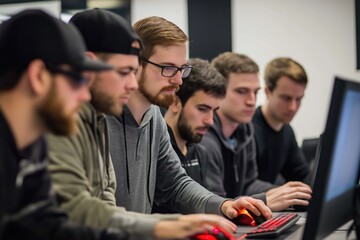 young engineers focused on computers in classroom. students learn ethical hacking concepts. tech tra
