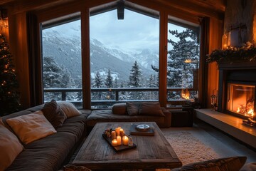 Poster - Cozy Cabin Winter Mountain View Fireplace Relaxation