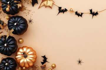 Canvas Print - border from black and gold halloween pumpkins with party decorations on beige background top view. m