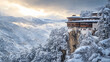 © Daily Stock - A snowy cliffside monastery overlooking a frosty landscape, with a dramatic view of snow-capped peaks and evergreen trees.