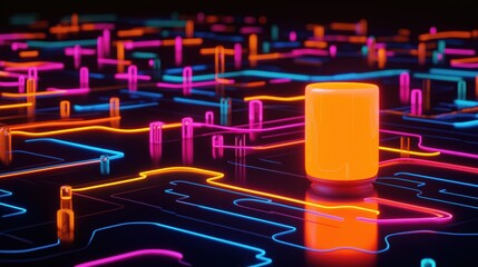 Aufkleber - Abstract neon circuit illustration with glowing orange lamp on black surface. Colorful lines create intricate patterns. Modern tech concept. Glowing orange cylinder object stands out. Future tech