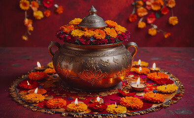 Poster - large gold pot with orange flowers and candles on a red table. the pot is filled with flowers and ha