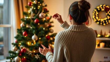 back view of a woman decorating christmas tree