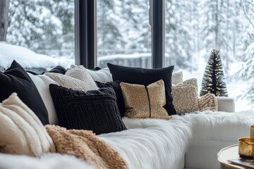 Poster - Cozy Winter Sofa Scene With Gold And Black Pillows