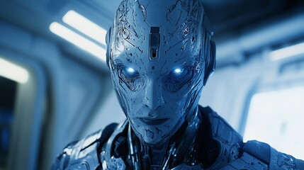 Aufkleber - Close-up of a futuristic female android with glowing blue eyes in a sterile environment.