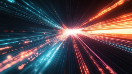 Poster - Abstract illustration shows fast motion blur lines of glowing light. Colorful lines converge to central point creating futuristic tech scene. Dynamic lines suggest speed, digital data flow. Suitable