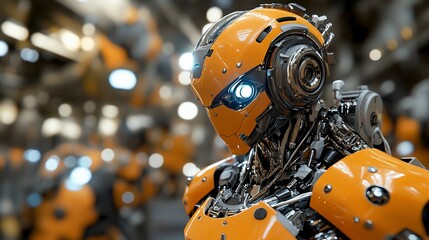 Poster - Close-up of a futuristic orange robot in a factory.