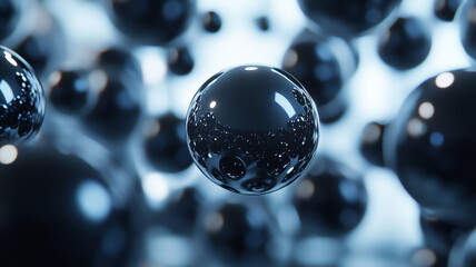 Poster - Abstract black spheres floating in a digital space create a sense of depth and movement