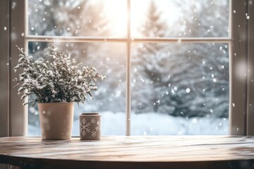 Poster - Snow covered plant and snowflake jar by winter window