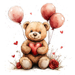 Wall Mural - Cute teddy bear holding heart with balloons and roses, perfect for Valentine Day. This charming illustration evokes love and warmth, making it ideal for romantic occasions