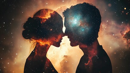 a romantic couple's profile silhouettes blending into a radiant galaxy with stars and nebulae in a d