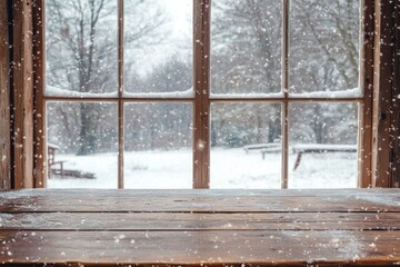 Poster - Wooden windowsill view of a snowy winter landscape