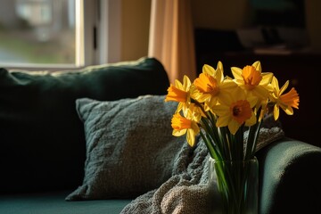 Wall Mural - Cozy sofa decorated with a throw, cushion, and a flower vase containing cheerful daffodils in the sitting room