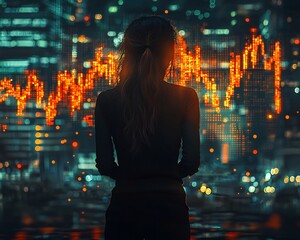 Aufkleber - Businesswoman Analyzing Market Data in Futuristic City Backdrop