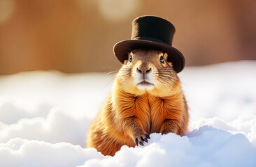 Happy Groundhog Day, cute fairytale groundhog close-up in black top hat on snow, copy space. Early spring in sunlight