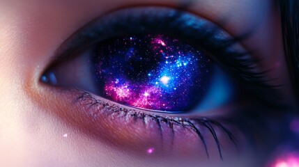 Wall Mural - close-up of human eye reflecting a vibrant galaxy and stars
