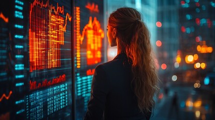 Poster - businesswoman observing rising charts in elevator symbolizing corporate growth and upward movement