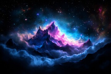 Wall Mural - surreal mountain peaks with vibrant nebula and stars in deep space