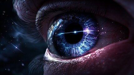 Wall Mural - close-up of human eye reflecting starry galaxy and nebula in deep space