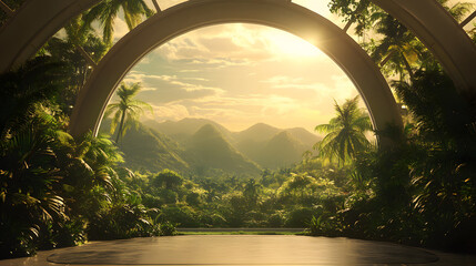 Poster - A serene landscape featuring lush greenery and mountains, framed by a large arch, illuminated by the warm glow of the setting sun