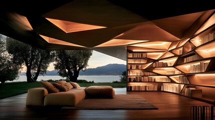 Poster - A modern reading space with innovative architecture, ambient lighting, and a stunning view of nature, featuring a unique bookshelf and cozy seating