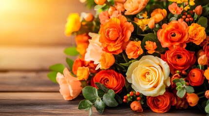 Poster - A vibrant bouquet of orange and yellow flowers, featuring ranunculus, roses, and greenery, set against a warm, natural background