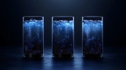 Poster - Three illuminated glass containers filled with bubbling, dark blue liquid, set against a moody, dark background