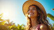 © MOTOKO Stock - Radiant Woman in Sun Hat: Outdoor Adventure and Tranquility for Travel Marketing and Lifestyle Campaigns