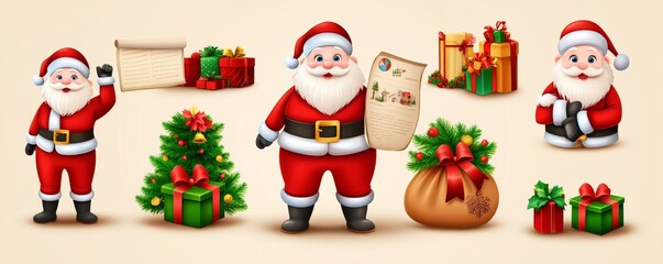 Poster - A contemporary set featuring Santa Claus, a cheerful Christmas character. This 3D illustration shows Santa in a standing pose, with a happy expression, holding gifts and a letter, perfect for a