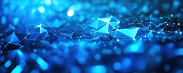 Poster - Abstract blue tech background shows complex geometric shapes. Interconnected lines, points create dynamic network effect. Modern tech visual represents digital innovation. Futuristic concept suitable