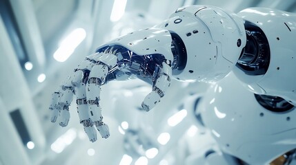 Poster - Close-up of a white robotic hand in a futuristic setting.