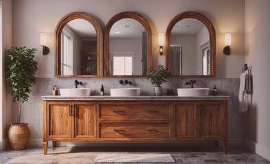 Poster - Bathroom with a large wooden vanity with three sinks and a potted plant. The sink area is surrounded by mirrors
