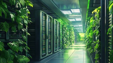 Poster - A futuristic data center with server racks interspersed with vibrant green plants, emphasizing eco-conscious technology