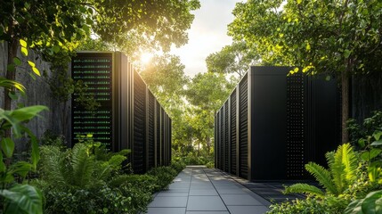 Poster - A modern data center with sleek servers surrounded by lush greenery, symbolizing eco-friendly IT solutions and sustainable technology