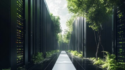 Poster - A modern data center with sleek servers surrounded by lush greenery, symbolizing eco-friendly IT solutions and sustainable technology