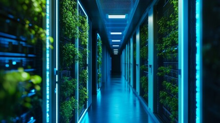 Poster - Data center hallway featuring illuminated server racks and vertical plant installations along the walls