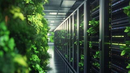 Poster - Data center interior with sleek servers, surrounded by greenery and eco-friendly design elements, underlining sustainability