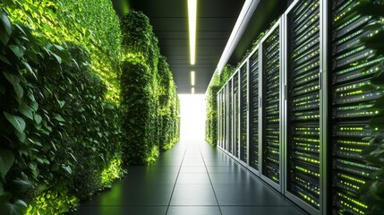 Poster - Data center interior with sleek servers, surrounded by greenery and eco-friendly design elements, underlining sustainability