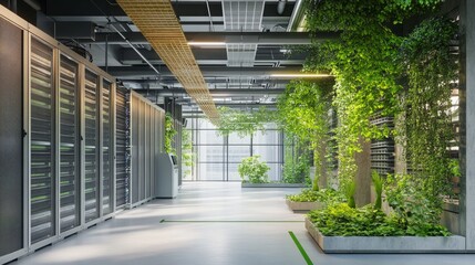 Poster - Eco-focused data center interior with green-themed decor, energy-saving systems, and vibrant plants, symbolizing sustainability