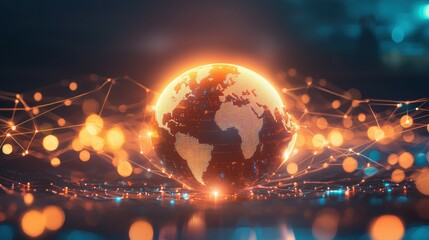 Poster - Digital art and technology illuminating data streams in a glowing global context