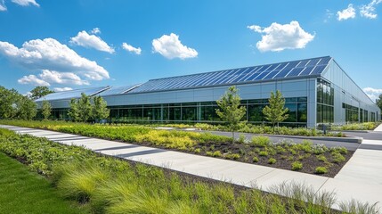 Poster - Exterior of a green data center with solar panels and lush landscaping, showcasing a commitment to renewable energy