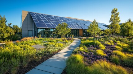Poster - Exterior of a green data center with solar panels and lush landscaping, showcasing a commitment to renewable energy