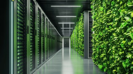 Poster - High-tech server room with green walls and foliage accentuating the commitment to sustainable IT practices